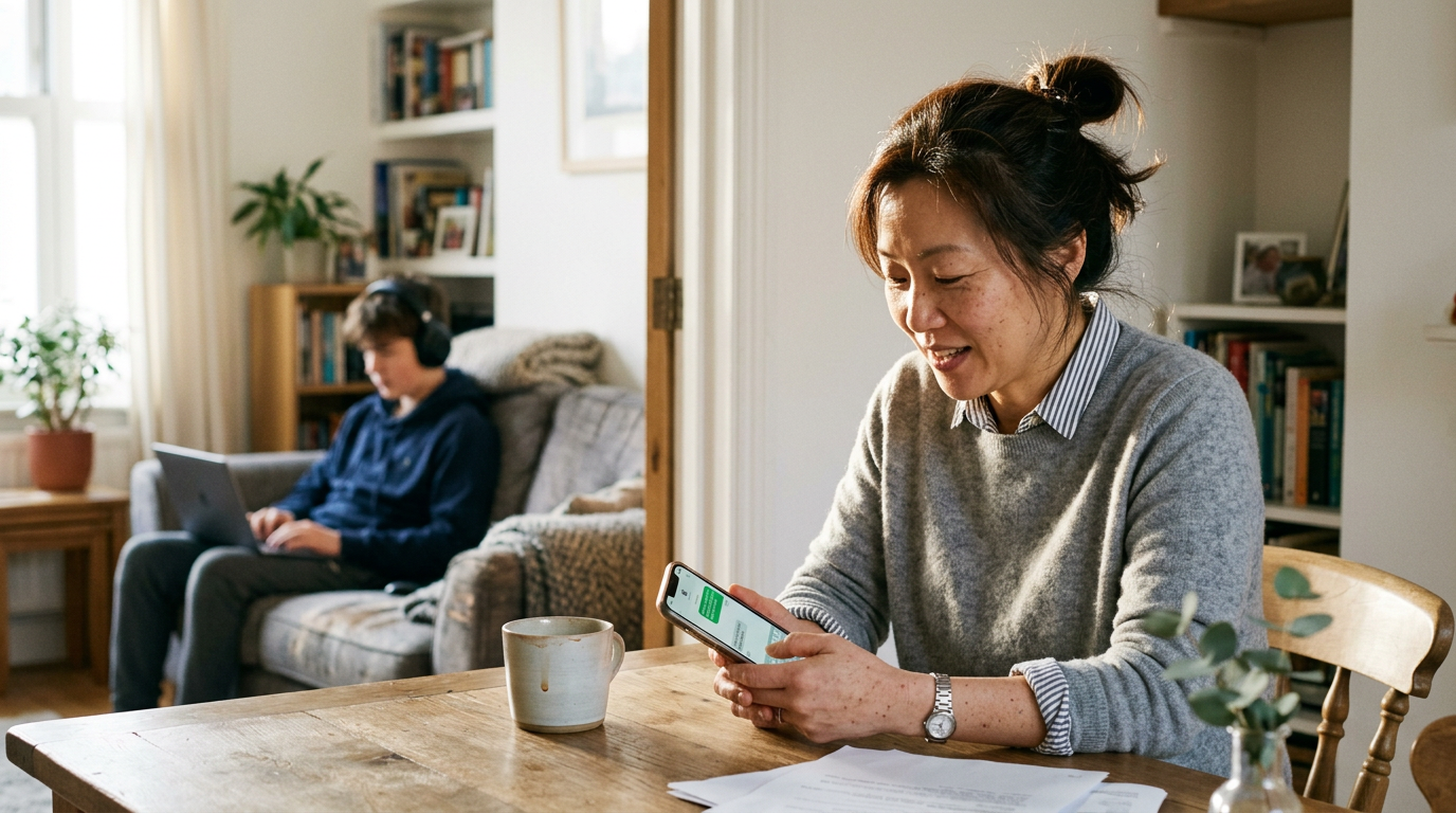 A mother smiling with relief while reading a message on her phone, her teenage son relaxed in the background